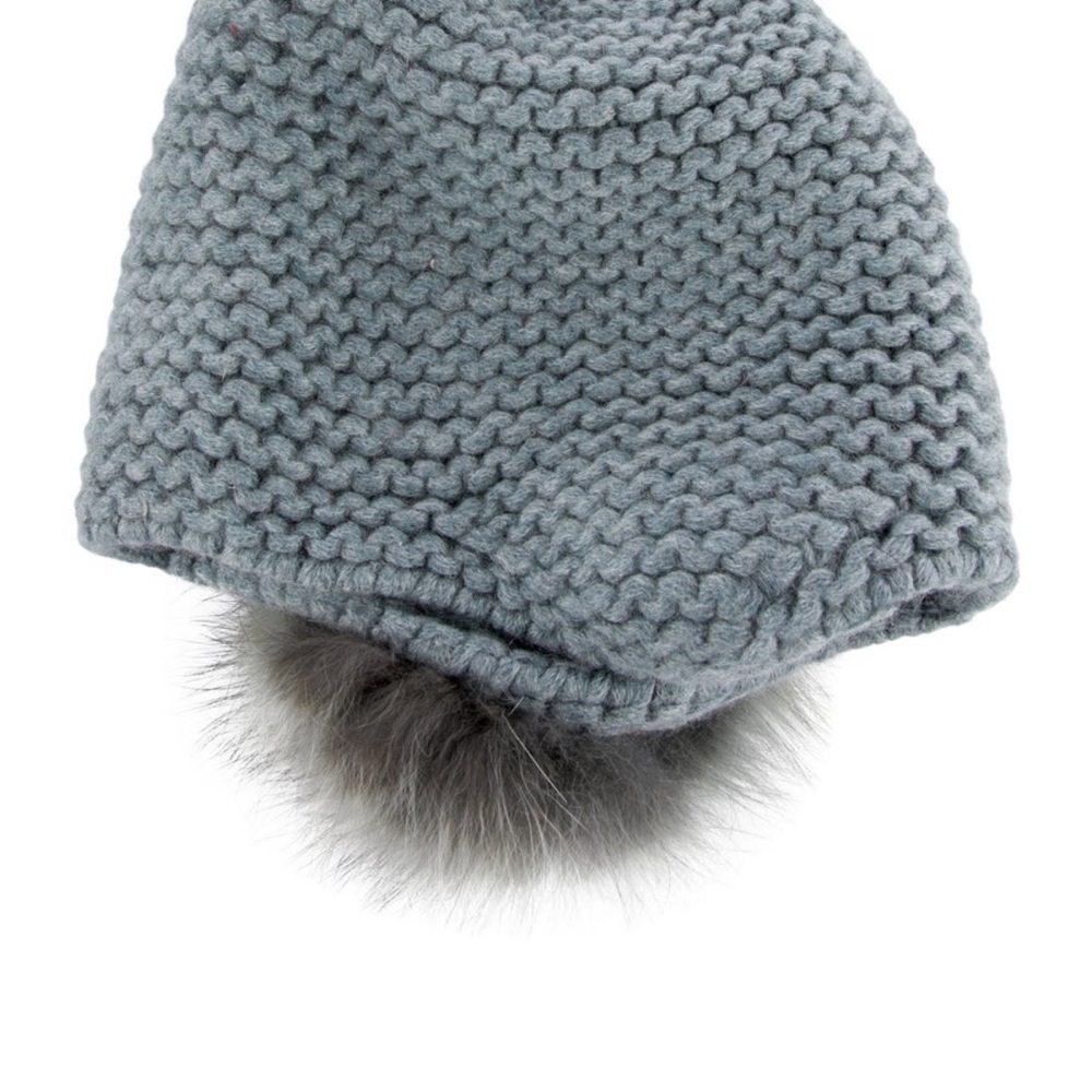Inverni Blue Cashmere Beanie with Fur Pom - Picture 3 of 6